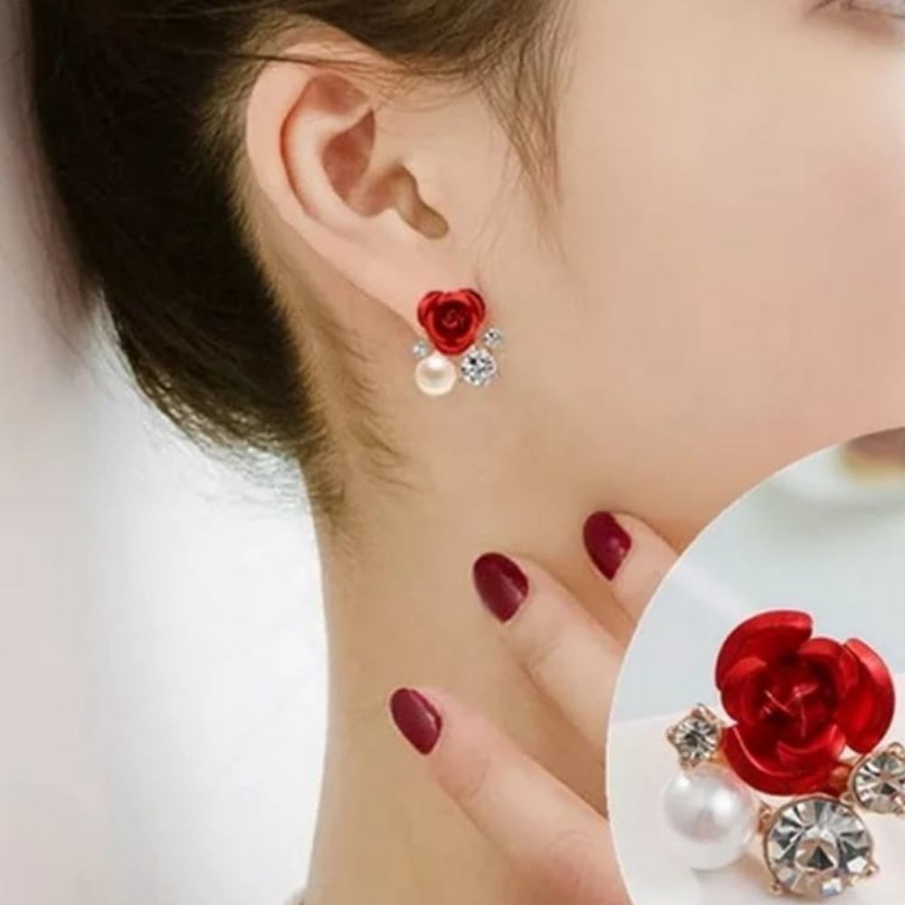 New Fashion Red Rose Rhinestone Stud Earrings For